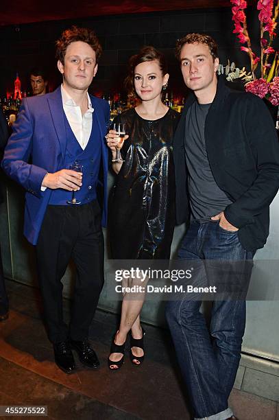 Cast members Richard Goulding, Lydia Wilson and Oliver Chris attend an after party celebrating the press night performance of "King Charles III" at...