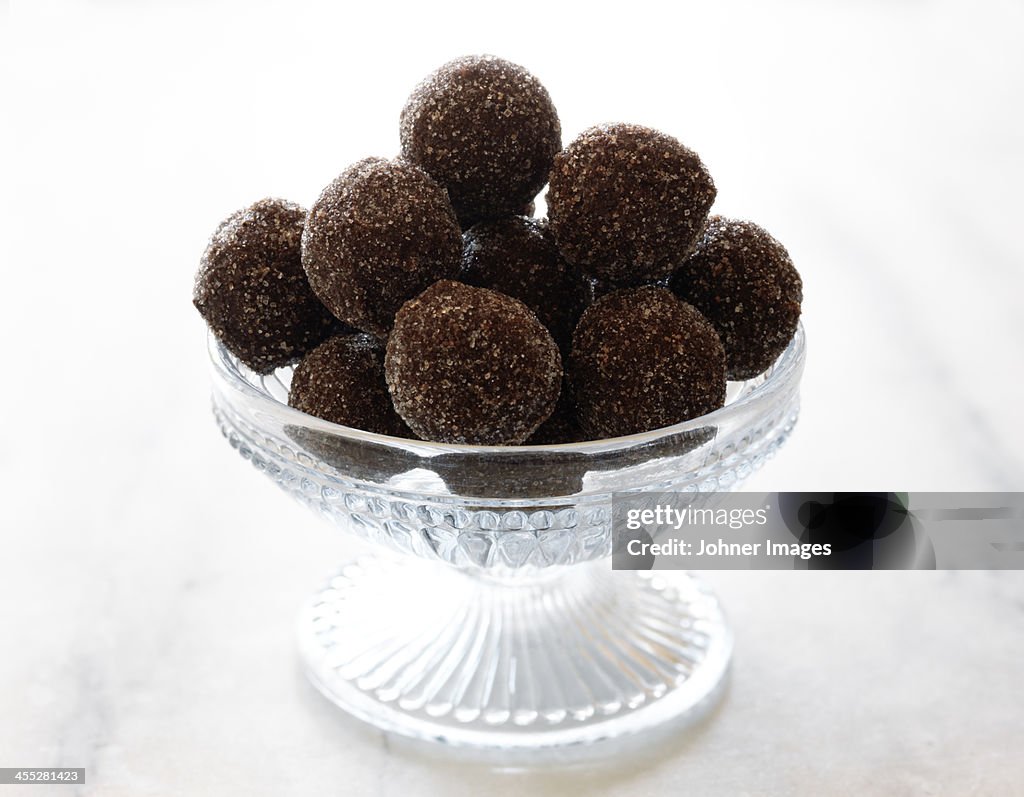 Chocolate truffles in glass bowl