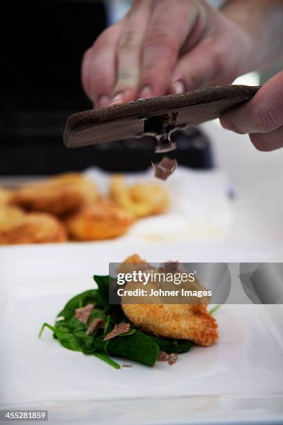 hand grating truffle on egg benedictine - grattugia foto e immagini stock