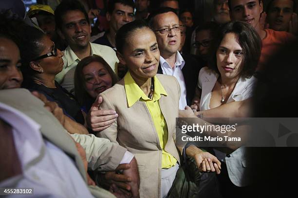 Marina Silva , presidential candidate of the Brazilian Socialist Party, arrives for a campaign event at the Engineering Club on September 11, 2014 in...