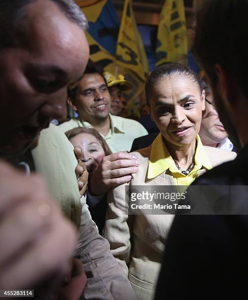 Marina Silva , presidential candidate of the Brazilian Socialist Party, arrives for a campaign event at the Engineering Club on September 11, 2014 in...
