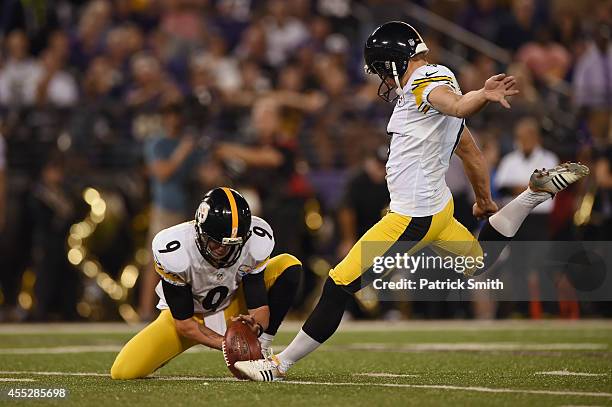 Kicker Shaun Suisham of the Pittsburgh Steelers kicks a field goal against the Baltimore Ravens at M&T Bank Stadium on September 11, 2014 in...