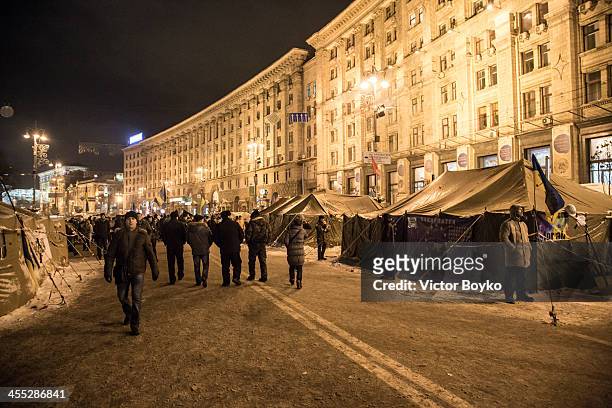 General view of tent camp on Khreshchatyk Street near Maidan Square on December 11, 2013 in Kiev, Ukraine. Thousands have been protesting against the...