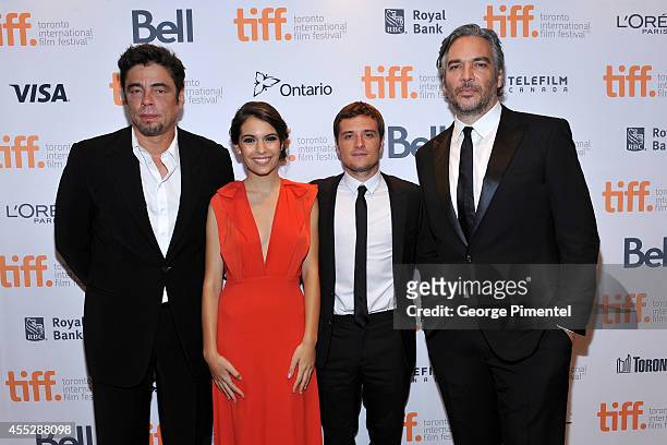 Actors Benicio Del Toro, Claudia Traisac, Josh Hutcherson and writer/director Andrea Di Stefano attend the "Escobar: Paradise Lost" premiere during...