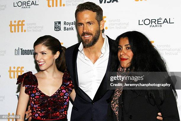 Actor Anna Kendrick, actor Ryan Reynolds, and director Marjane Satrapi arrive at "The Voices" Premiere during the 2014 Toronto International Film...