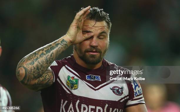 Anthony Watmough of the Sea Eagles looks dejected after a Rabbitohs try during the NRL 2nd Qualifying Final match between the Manly Sea Eagles and...