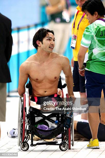 Takayuki Suzuki of Japan reacts after competing in the Men's 50m Breaststroke - SB3 final on day 5 of the London 2012 Paralympic Games at Aquatics...