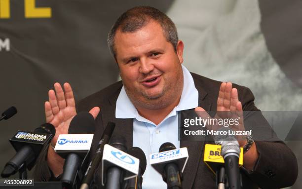 Parma FC President Tommaso Ghirardi speaks to the media during a press conference at the club's training ground on September 12, 2014 in Collecchio,...