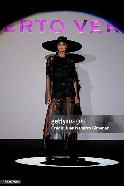 Model showcases designs by Roberto Verino on the runway at the Roberto Verino show during Mercedes Benz Fashion Week Madrid Spring/Summer 2015 at...