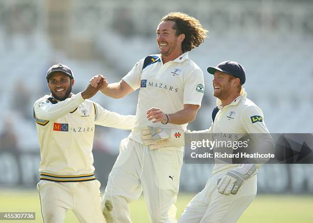 Ryan Sidebottom of Yorkshire celebrates taking the wicket of Luke Fletcher of Notts during the fourth day of the LV County Championship match between...