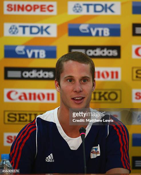 Derek Drouin of Canada pictured during a press conference ahead of the IAAF Continental Cup at the Stade de Marrakech on September 12, 2014 in...