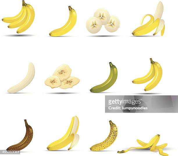 ilustraciones, imágenes clip art, dibujos animados e iconos de stock de iconos de tipo banana - pelar