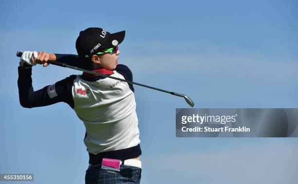 Hyo Joo Kim of Korea plays a shot during the second round of The Evian Championship at the Evian Resort Golf Club on September 12, 2014 in...