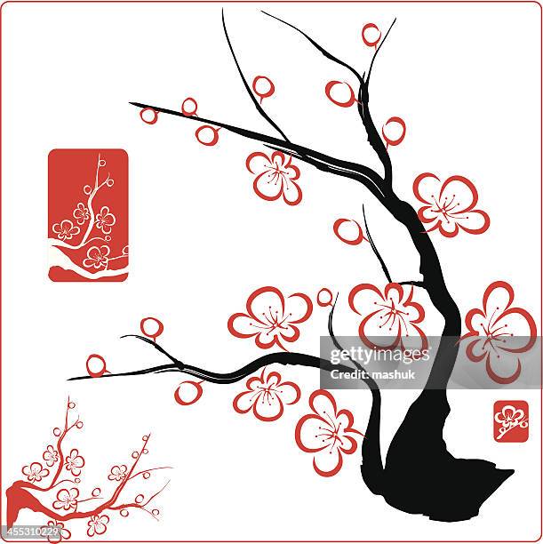 red blossom designs on a black tree - japanese greeting stock illustrations