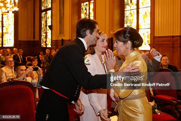 Davy Vette, Dominique Blanc and Kanee Danevong attend the Wedding of Francois Florent And Kanee Danevong at Mairie Du XVIII, on September 12, 2014 in...