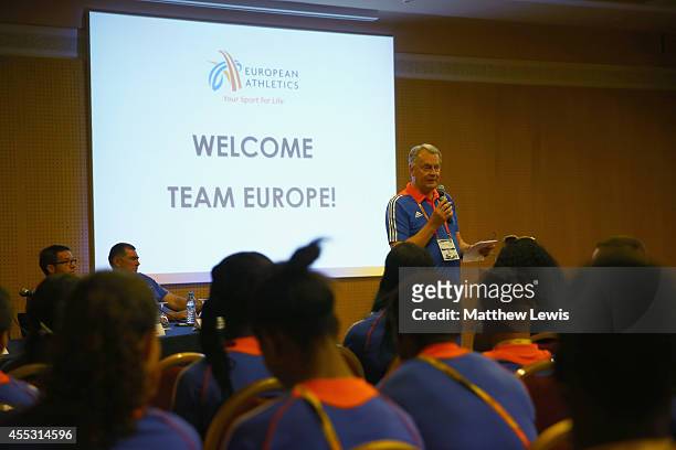 Karel Pilny, Head of Delegation talks to the European Team ahead of the IAAF Continental Cup at the Hotel Palmeraie Golf Palace on September 12, 2014...