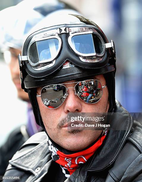 General view of a rider at the Royal Enfield store ahead of a motorcycle ride to the Goodwood Revival to celebrate the unveiling of their new...