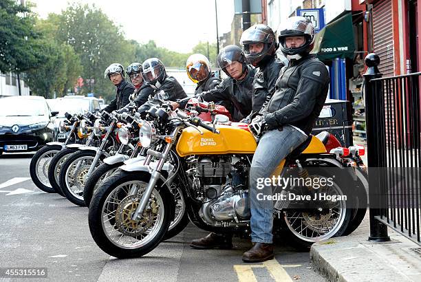 General view of riders at the Royal Enfield store ahead of a motocycle ride to the Goodwood Revival to celebrate the unveiling of their new accessory...