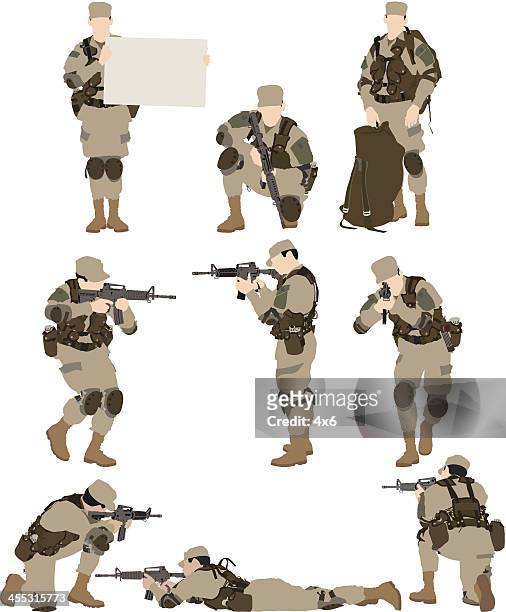 ilustraciones, imágenes clip art, dibujos animados e iconos de stock de varios vectores de soldado - agacharse