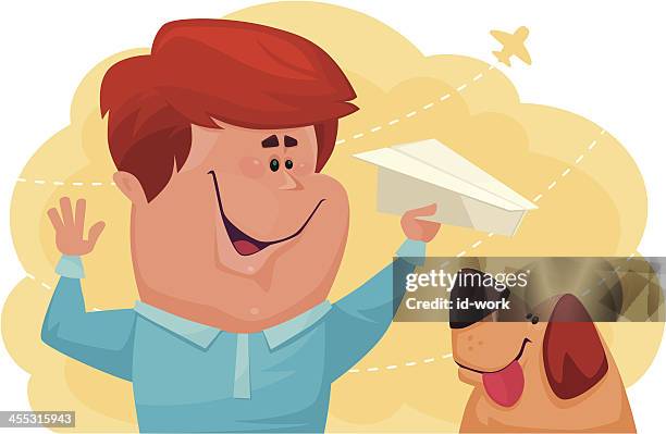 kid with paper plane - dog plane stock illustrations
