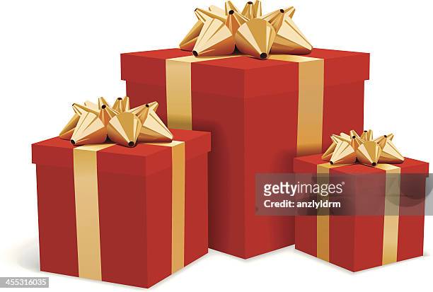 roten geschenk-boxen mit schleifen-illustration - geschenkkarton stock-grafiken, -clipart, -cartoons und -symbole
