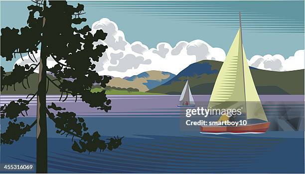 lake mit segelboot - sail stock-grafiken, -clipart, -cartoons und -symbole