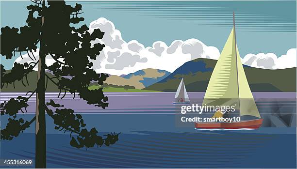 picture of a sailing boat on a lake - sail stock illustrations