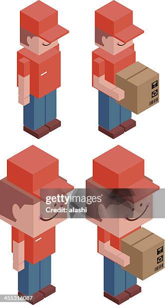 cubic deliveryman with cardboard box - removal men stock illustrations