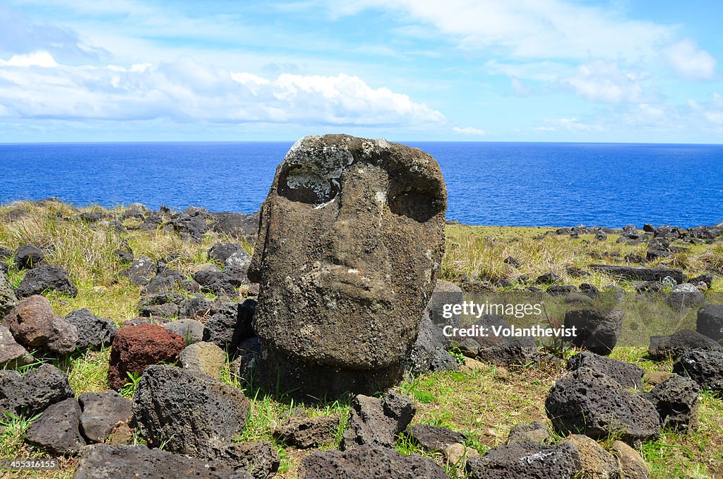 Broken moai face next to sea in Ahu Te Peu