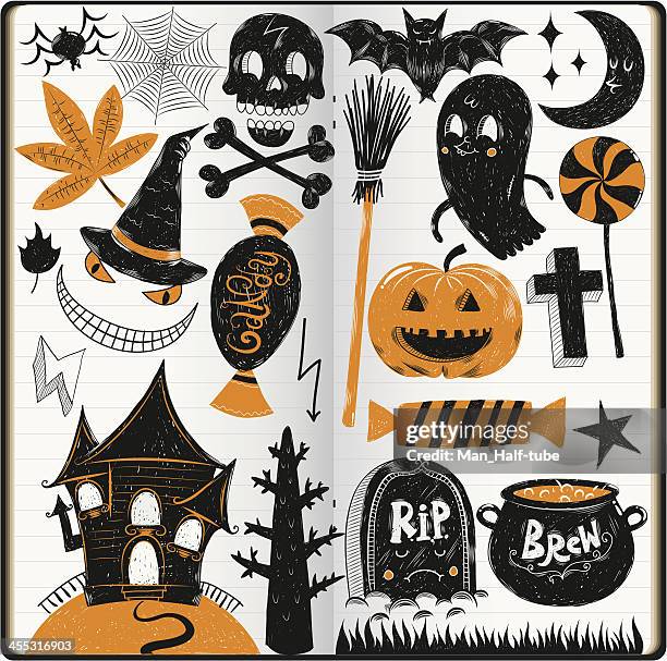 bildbanksillustrationer, clip art samt tecknat material och ikoner med halloween doodles - scary pumpkin faces