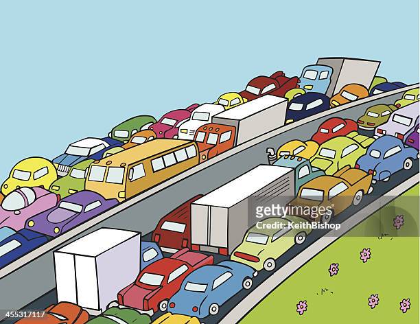 traffic jam on highway with cars and trucks - traffic jam lots of trucks stock illustrations