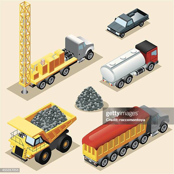 stockillustraties, clipart, cartoons en iconen met isometric, trucks - drilling rig