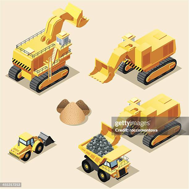 ilustrações, clipart, desenhos animados e ícones de isometric, mineração machinery - cascalho