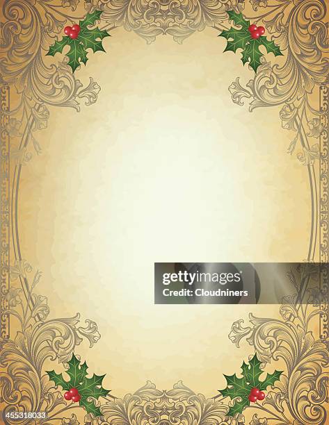 engraved christmas frame on parchment - sepia toned background stock illustrations