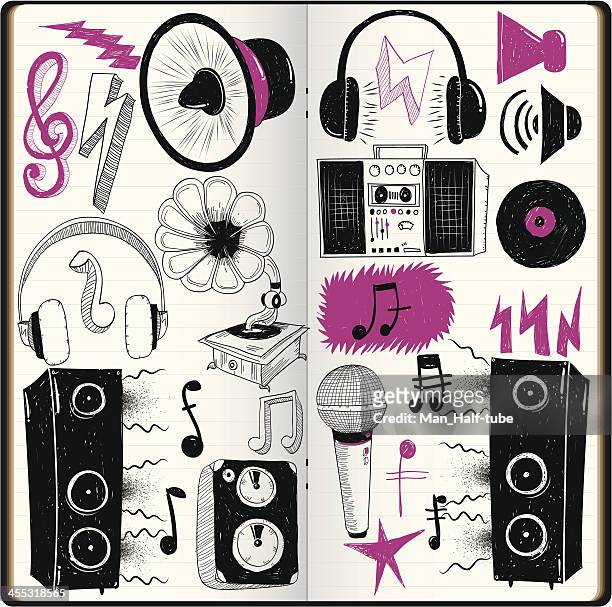 laut und kritzeleien - audio speakers stock-grafiken, -clipart, -cartoons und -symbole