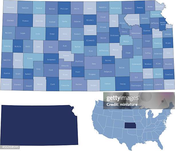 stockillustraties, clipart, cartoons en iconen met kansas state & counties map - kansas