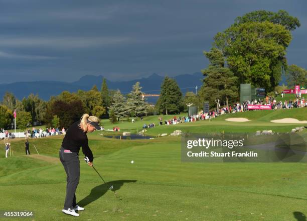 Suzann Pettersen of Norway plays a shot during the second round of The Evian Championship at the Evian Resort Golf Club on September 12, 2014 in...