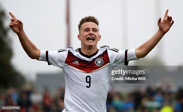 Johannes Eggestein of Germany celebrates after scoring his team's third goal during the KOMM MIT tournament match between U17 Germany and U17 Italy...