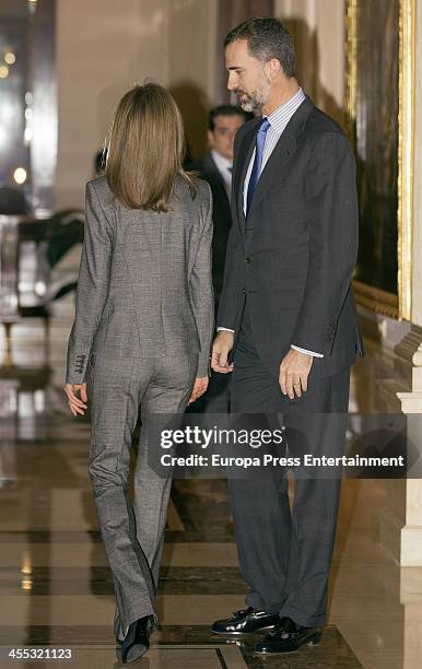 Prince Felipe of Spain and Princess Letizia of Spain attend the meeting of Principe de Girona Foundation at Zarzuela Palace on December 11, 2013 in...