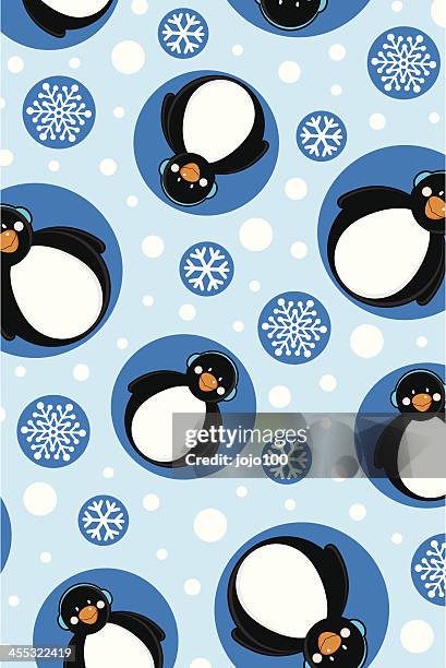 cute penguin repeat pattern on a blue background - winter warmers stock illustrations