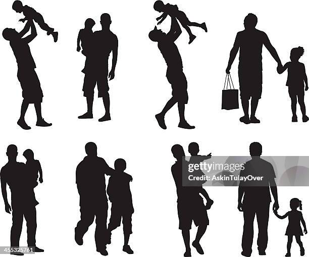 stockillustraties, clipart, cartoons en iconen met assortment of silhouette images of father and children - meisjes