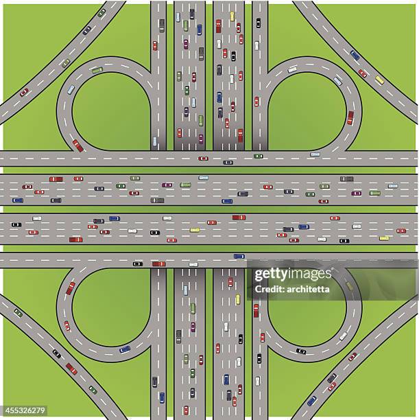 cloverleaf interchange traffic illustration - motorway junction stock illustrations