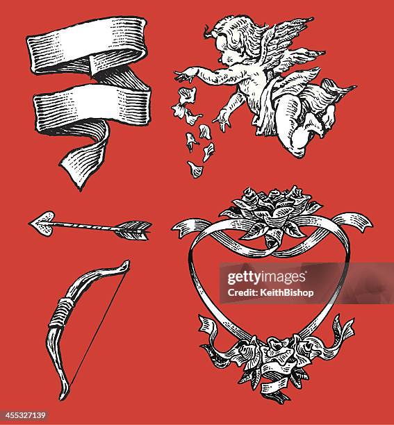 love - valentines cherub, arrow, heart of roses, ribbon - baby angel wings stock illustrations