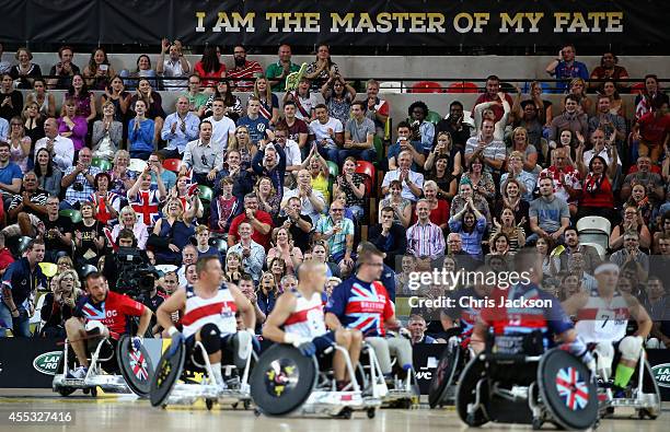 The crowd cheer as Great Britain beat the USA in wheelchair rugby match at the Copper Box ahead of tonight's exhibition match as part of the Invictus...