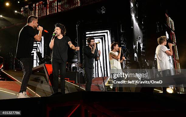 Singers Liam Payne, Harry Styles, Zayn Malik, Louis Tomlinson and Niall Horan of One Direction perform onstage during the One Direction" Where We...