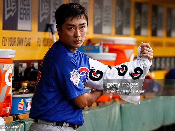 Tsuyoshi Wada of the Chicago Cubs looks on in the first inning against the Pittsburgh Pirates during the game at PNC Park on September 12, 2014 in...