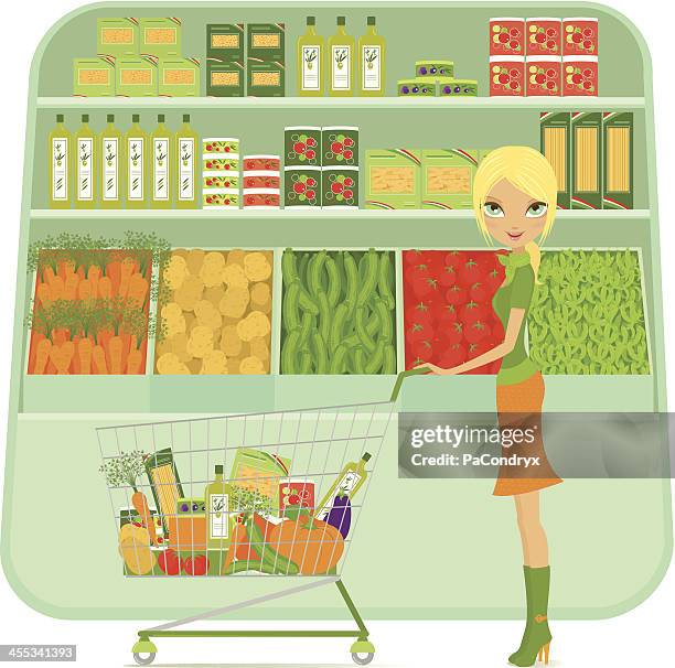 illustrations, cliparts, dessins animés et icônes de femme shopping au supermarché avec panier et d'achat de denrées alimentaires - caddie rempli