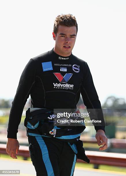 Scott McLaughlin driver of the Valvoline Racing GRM Volvo is seen prior to qualifying for the Sandown 500, which is round ten of the V8 Supercar...