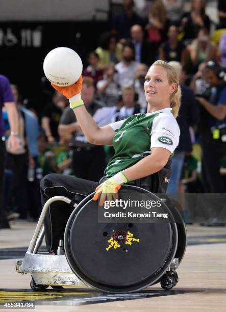 Zara Tindall in action today during an exhibition match of wheelchair rugby at the Invictus Games at Copperbox, Queen Elizabeth Park on September 12,...