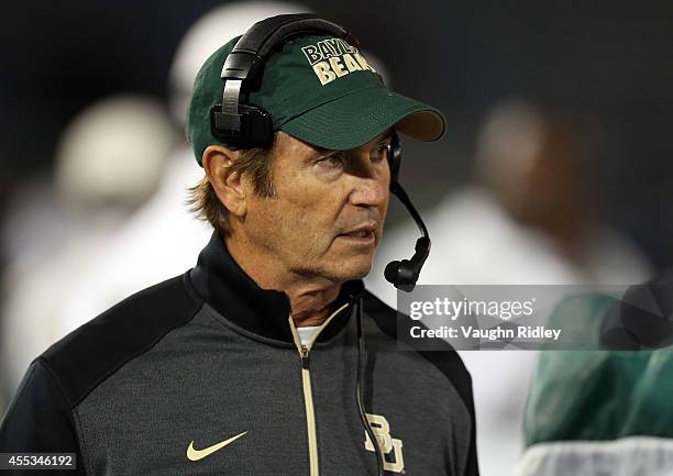 Head Coach Art Briles of the Baylor Bears walks the sideline during the game against the Buffalo Bulls at UB Stadium on September 12, 2014 in...